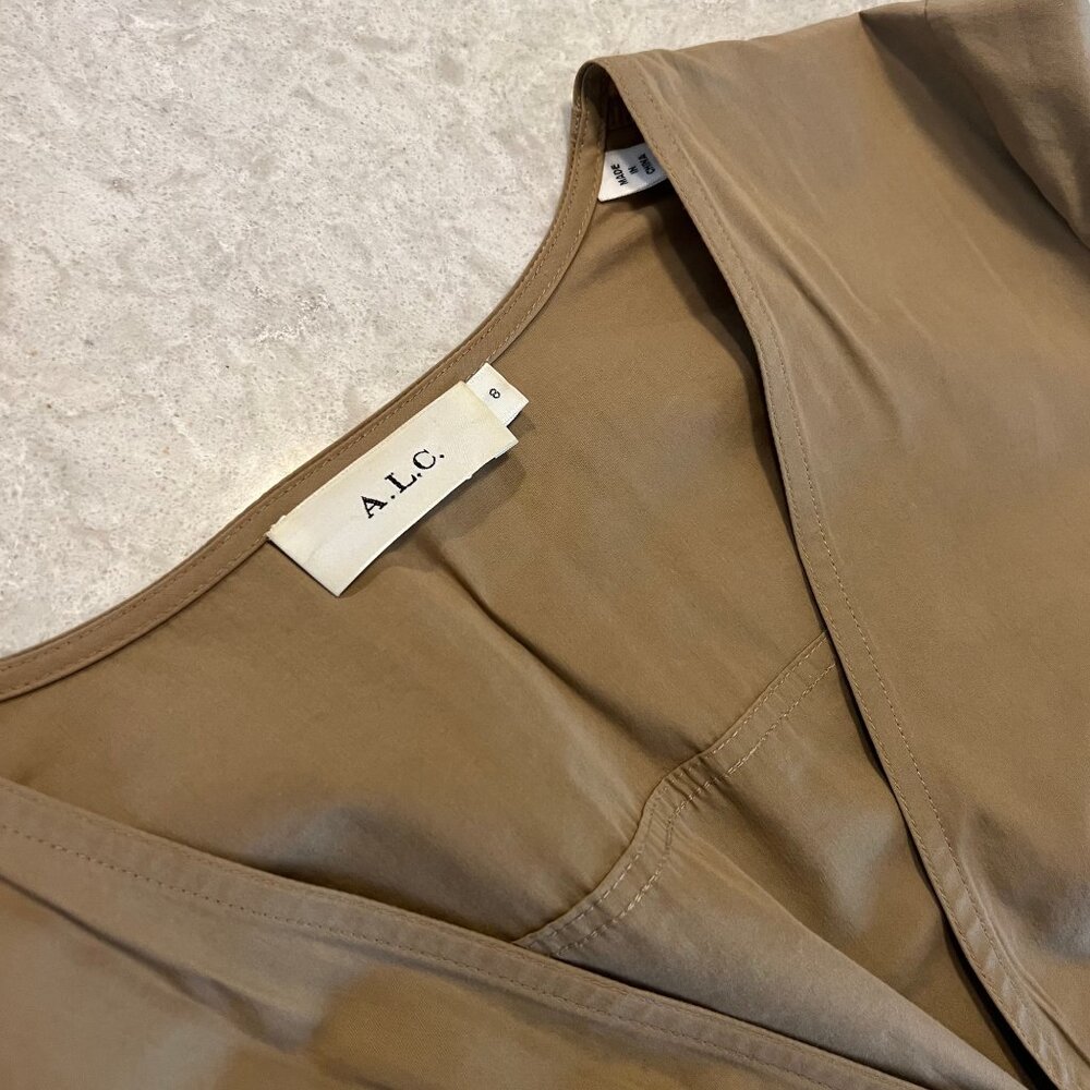 A.L.C. Jezebel Tan Poplin V Neck Belted Mini Dress Size 8 - Picture 4 of 8